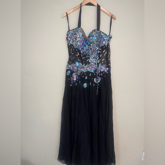 PARTYTIME Black MANY RHINESTONES Sz 16 Gown Prom Party Pageant Turquoise - Picture 1 of 13